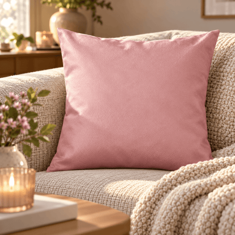 Ljungrosa putetrekk i skinnlook 45 x 45 cm i ljus soffa med stickad filt och mysig inredning