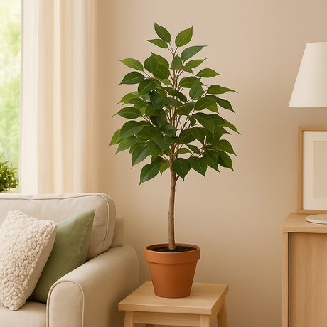 Kunstig grønt tre i terrakottapotte stylet i lys stue med beige sofa, puter og naturlig lys fra vindu.