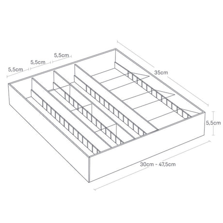 Skuffeinnsats med fleksible rom for smart organisering.