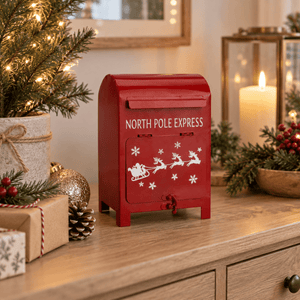Julepostkasse North Pole Express rød metall 23 cm - Lindas Dekor Julepynt