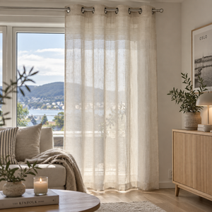 Nydelig gardin i linfarger som passer perfekt til trønderske stuer