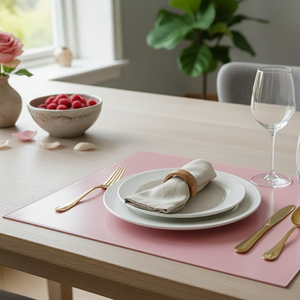 Kvadratisk nærbilde av rose bordbrikke i PVC