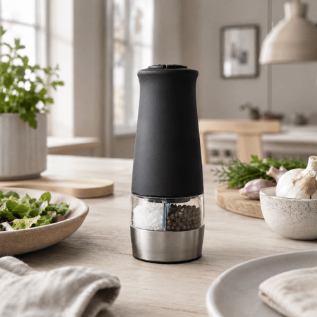 Sort elektrisk salt- og pepperkvern 2-i-1 på kjøkkenbenk med salat og urter