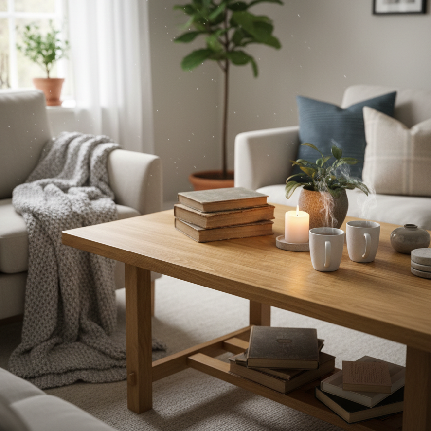 Bedford oak kontaktplast på stuebord. Varm eik imitasjon møbelfolie