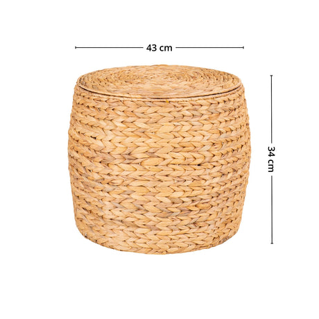 Rund oppbevaringskurv i flettet sjøgress med lokk, måler 43 x 34 cm. Praktisk og dekorativ kurv for puter, leker eller tepper.