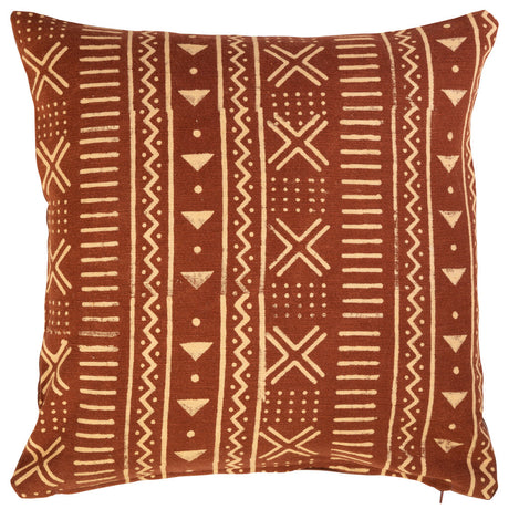 Teksturert putetrekk med geometrisk inka-design i jordnær rustnyanse.