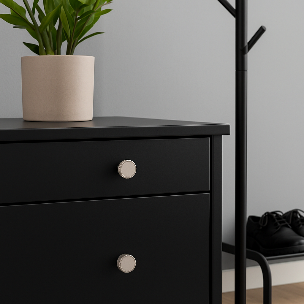Knotter i børstet stål på sort kommode i gang. Grønn plante, sorte sko og stumtjener skaper et stilrent og moderne uttrykk.
