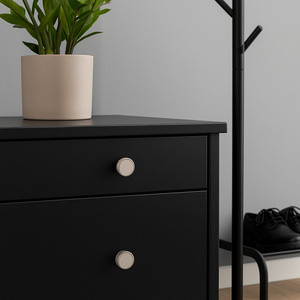 Knotter i børstet stål på sort kommode i gang. Grønn plante, sorte sko og stumtjener skaper et stilrent og moderne uttrykk.