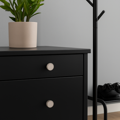Knotter i børstet stål på sort kommode i gang. Grønn plante, sorte sko og stumtjener skaper et stilrent og moderne uttrykk.
