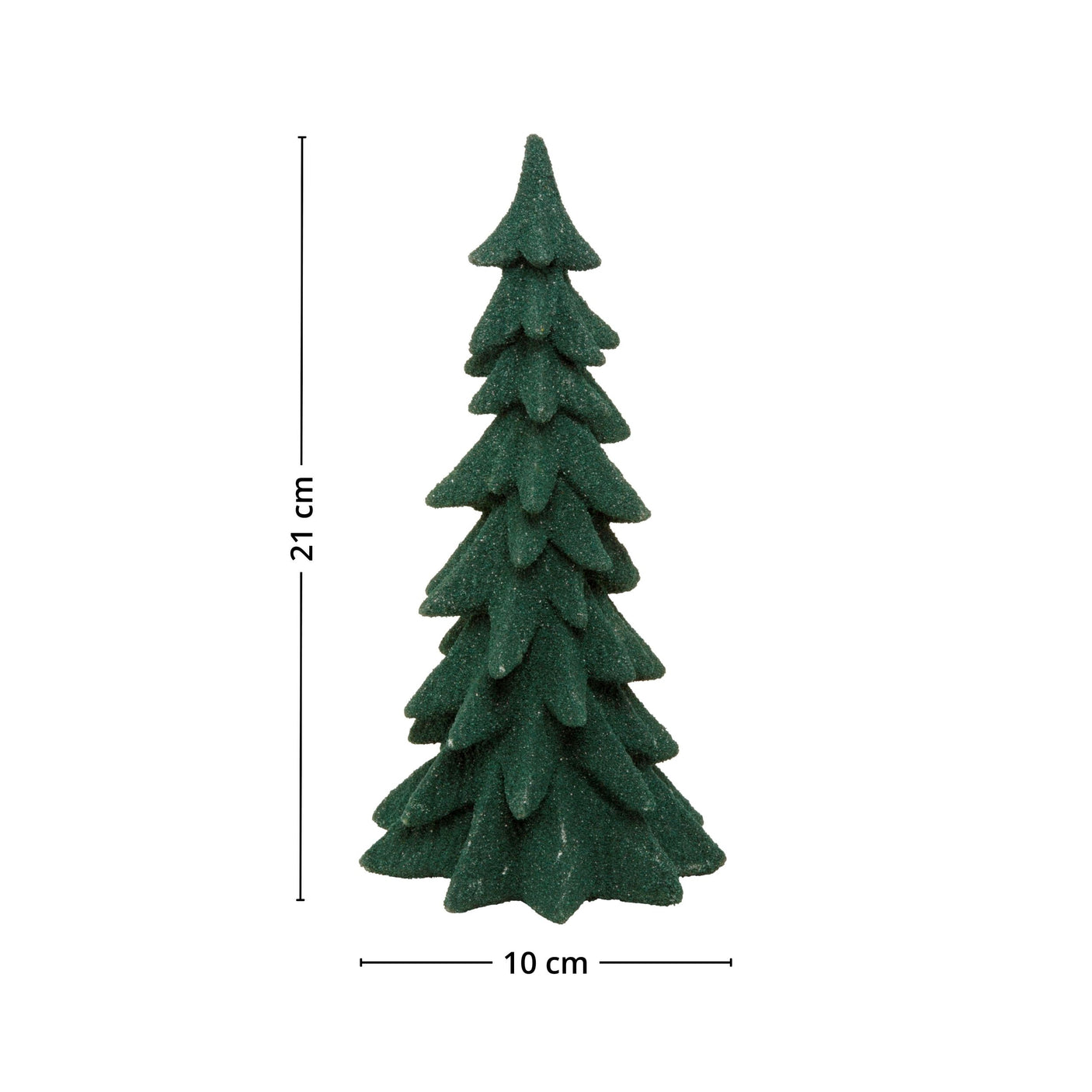 Grønt dekorasjonsjuletre med mål 21 cm høyde og 10 cm bredde, vist mot hvit bakgrunn.