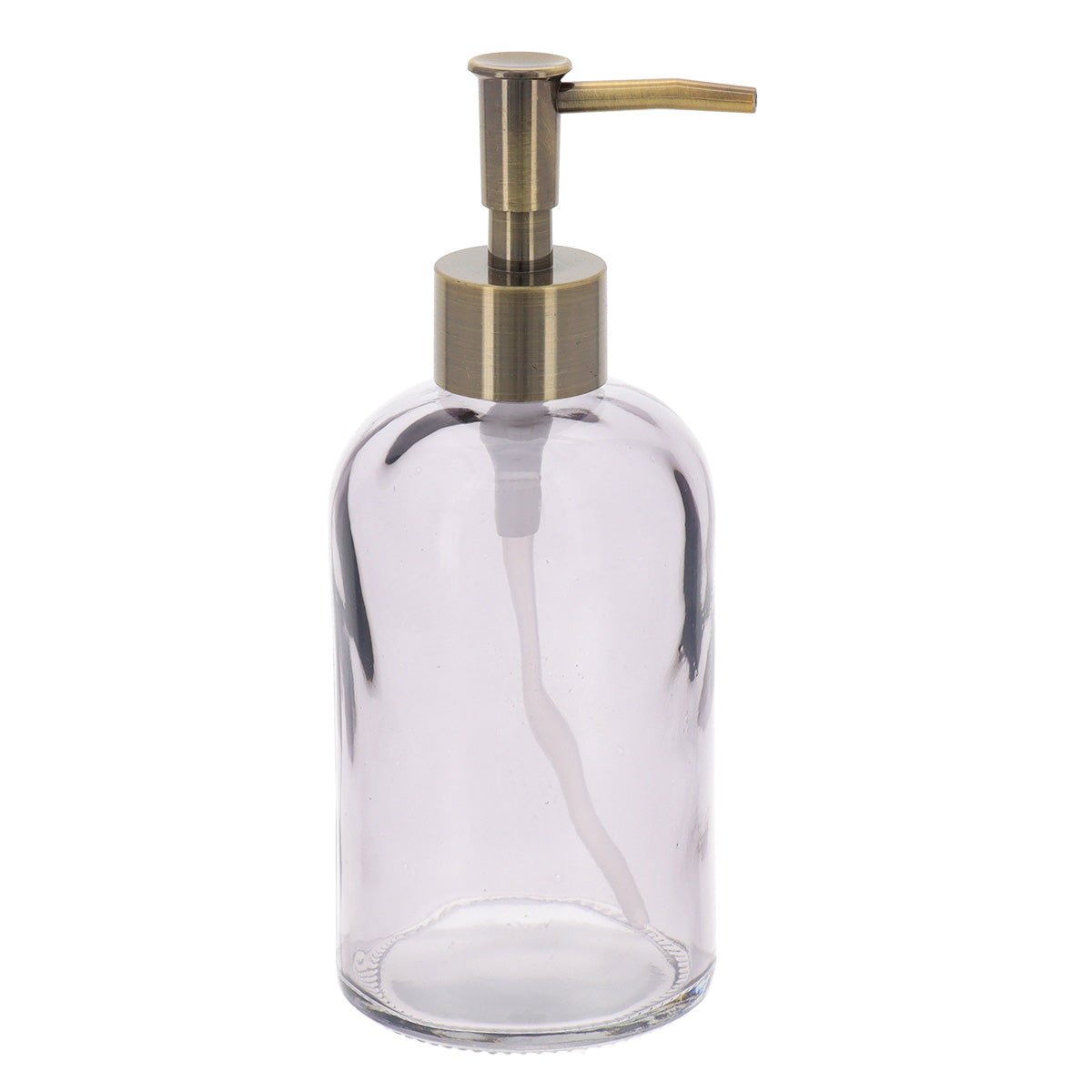 Tvåldispenser i gråbeige glas med pump i brons