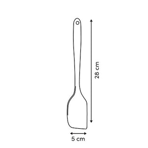 Målskisse av beige slikkepott i silikon med total lengde på 28 cm og bladbredde på 5 cm.