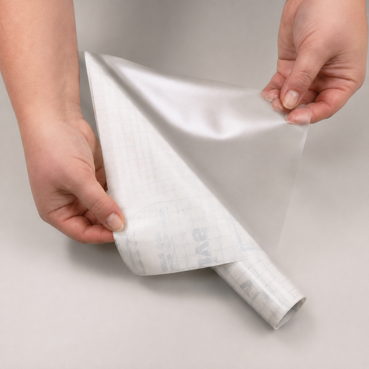 Transparent matt kontaktplast med beskyttelsespapir som trekkes av før montering.