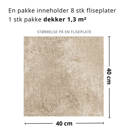 "Charleston selvklebende fliser – pakke med mål og dekning per flisplate"
