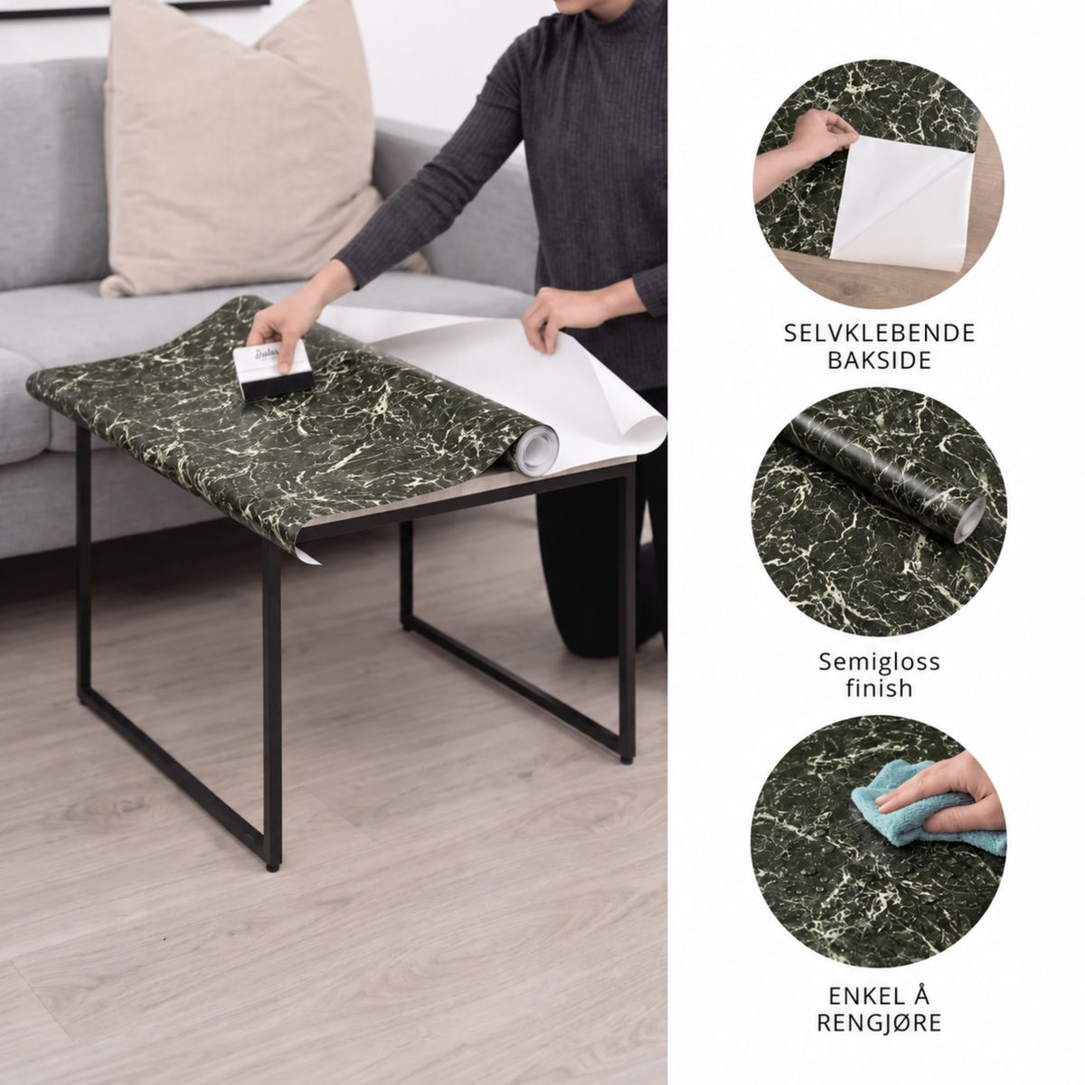 Kvinne legger Heritage marble emerald kontaktplast på bordplate, med egenskaper markert