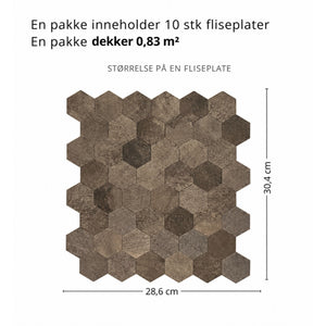 10-pk Hexagon brun betong selvklebende veggfliser