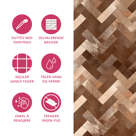 Ikoner som viser funksjoner til Sofie fiskebein veggfliser