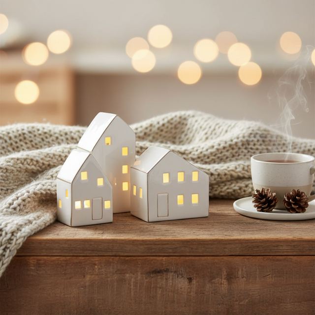Tre keramikkhus med tent lys i vinduene, plassert koselig på bord i stue med dempet belysning.