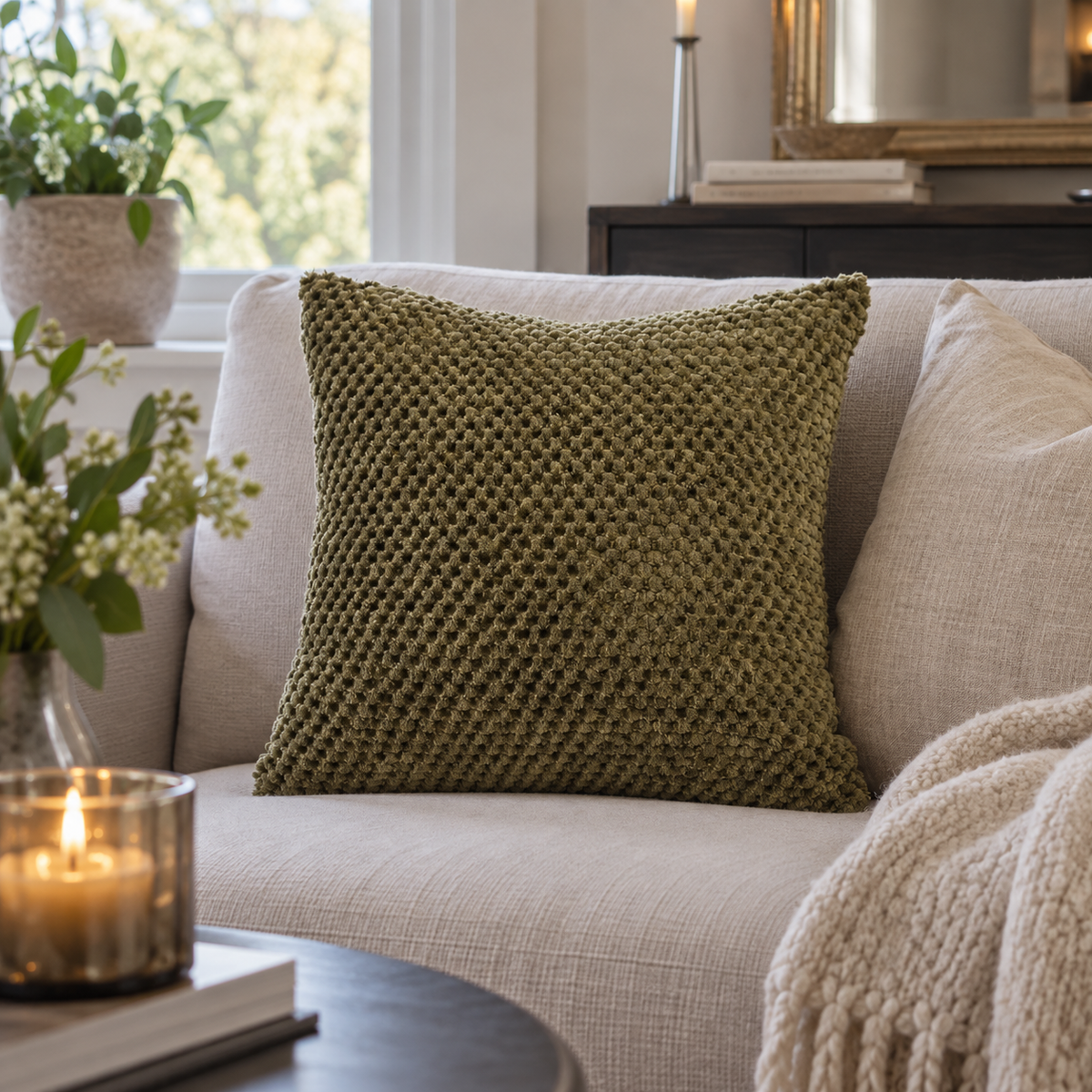 Olivegrønn pyntepute 40 x 40 cm med myk, strukturert overflate i lys sofa i en lun, nordisk stue.
