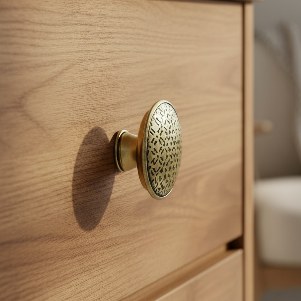 Knott i antikk bronse med dekorativt mønster på grønn bakgrunn fra Lindas Dekor