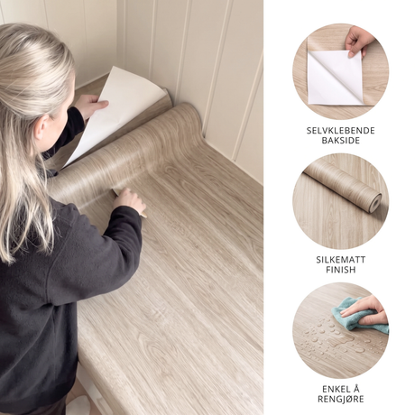 Montering av Blond Oak kontaktplast på benkeplate, selvklebende bakside, silkematt finish og enkel å rengjøre