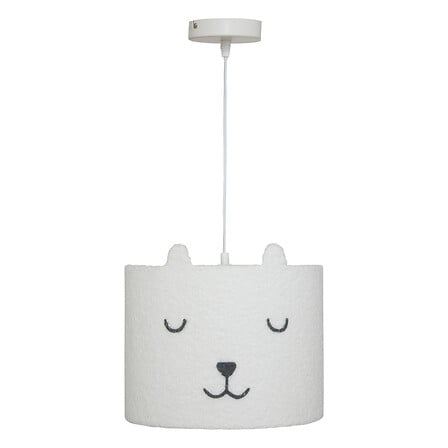 Toxey pendellampa i vitt bouclé med kattdesign, diameter 28 cm
