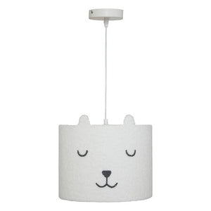 Toxey pendellampa i vitt bouclé med kattdesign, diameter 28 cm