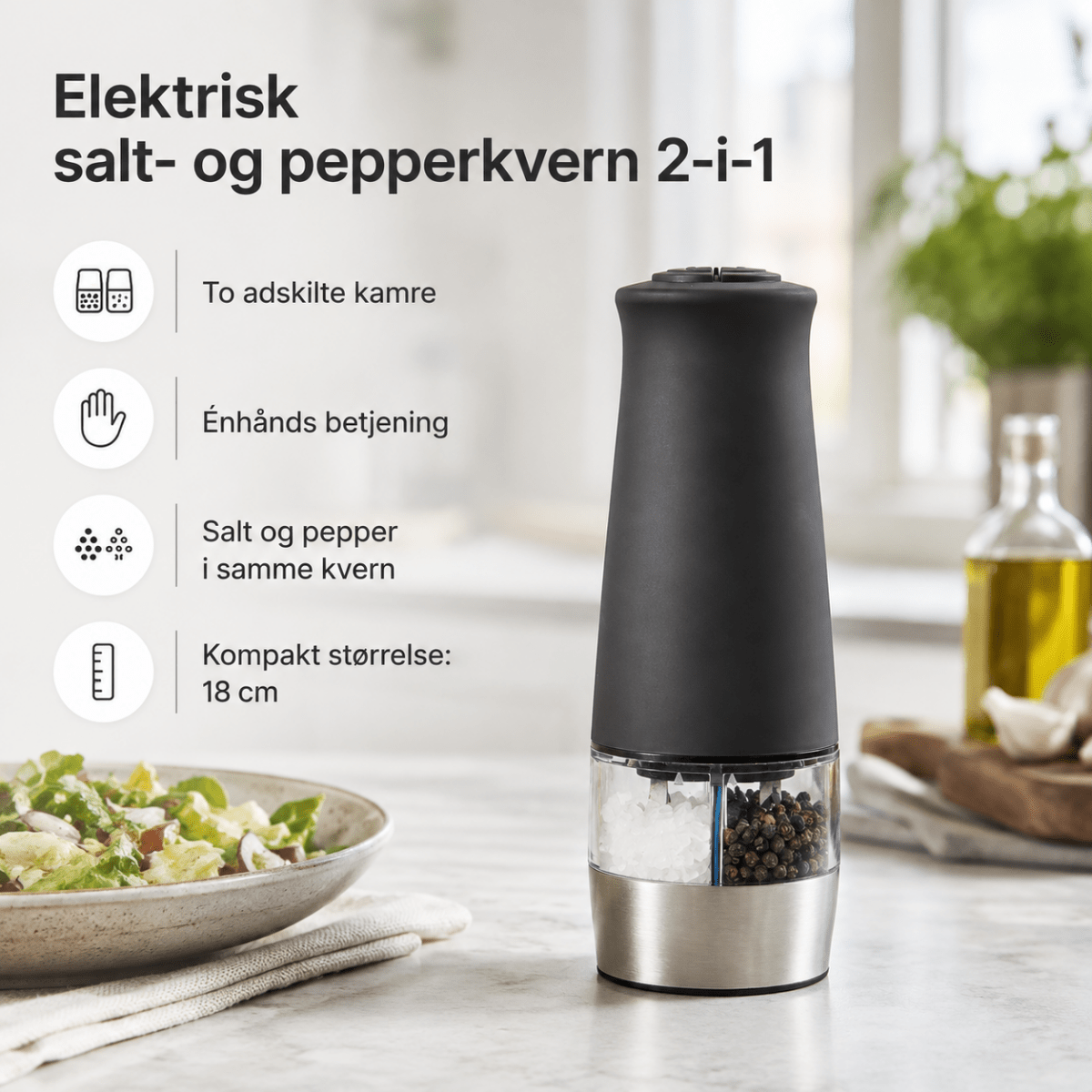 Elektrisk salt- og pepperkvern 2-i-1 med fordeler som enhåndsbetjening og to kamre