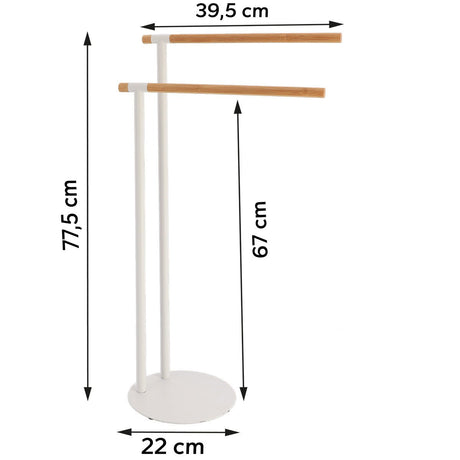 Måltegning af håndklestativ i hvid med to bambusstænger: højde 77,5 cm, bredde 39,5 cm, dybde 22 cm