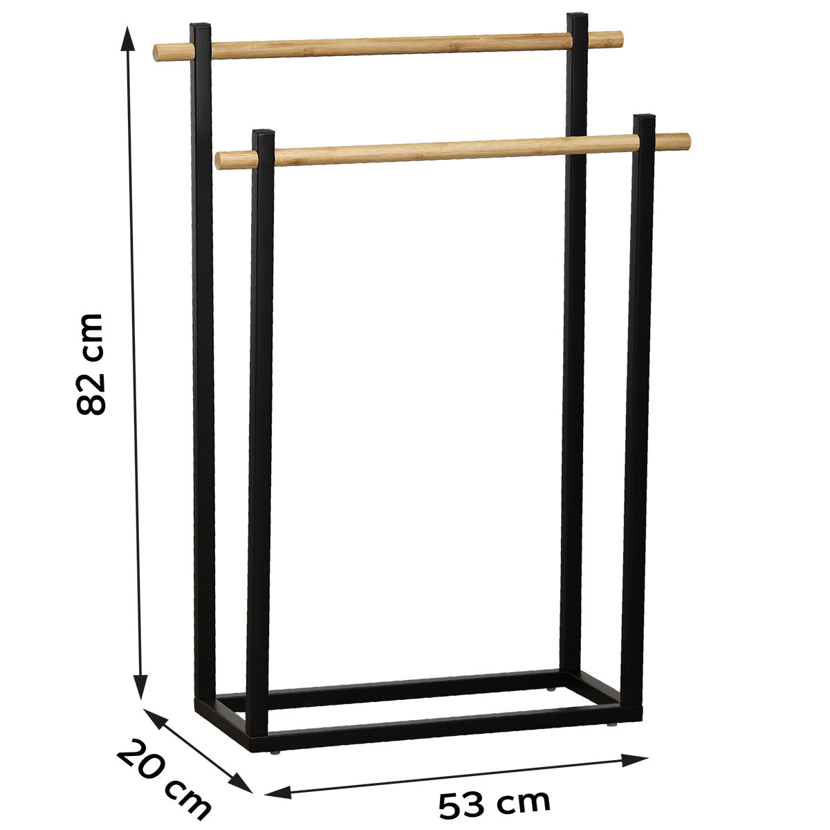 Måltegning af håndklestativ i sort med to bambusstænger: højde 82 cm, bredde 53 cm, dybde 20 cm