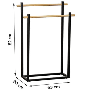 Måltegning af håndklestativ i sort med to bambusstænger: højde 82 cm, bredde 53 cm, dybde 20 cm