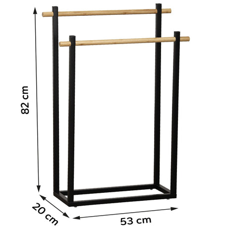 Måltegning av håndklestativ i sort med to bambusstenger: høyde 82 cm, bredde 53 cm, dybde 20 cm