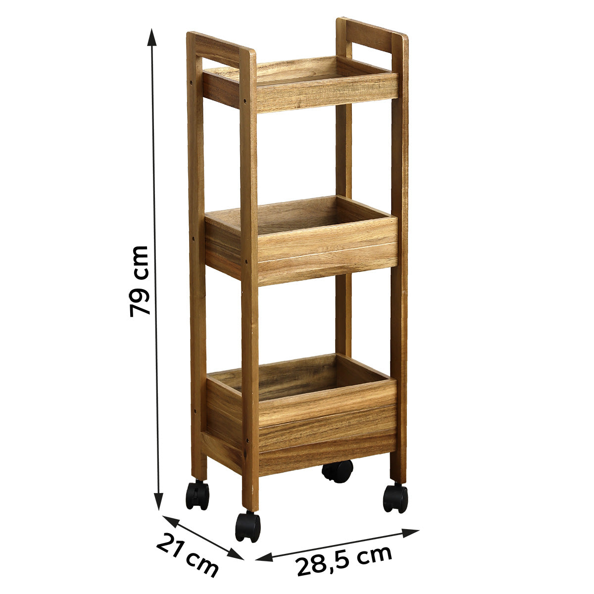 Målritning av förvaringsvagn på hjul i akacia med tre hyllor: höjd 79 cm, bredd 28,5 cm, djup 21 cm