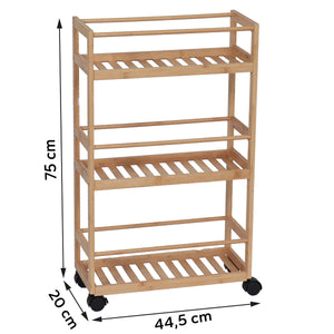 Måltegning af opbevaringstrille på hjul i bambus med tre hylder: højde 75 cm, bredde 44,5 cm, dybde 20 cm