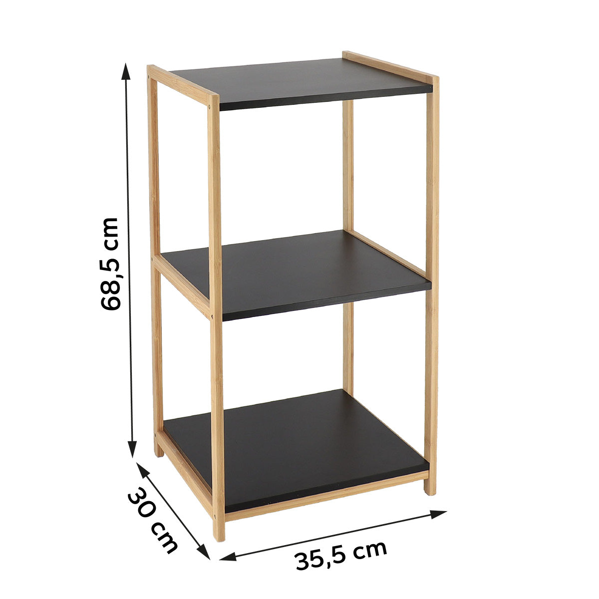Måltegning av bambusreol med hyller i MDF: høyde 68,5 cm, bredde 35,5 cm, dybde 30 cm