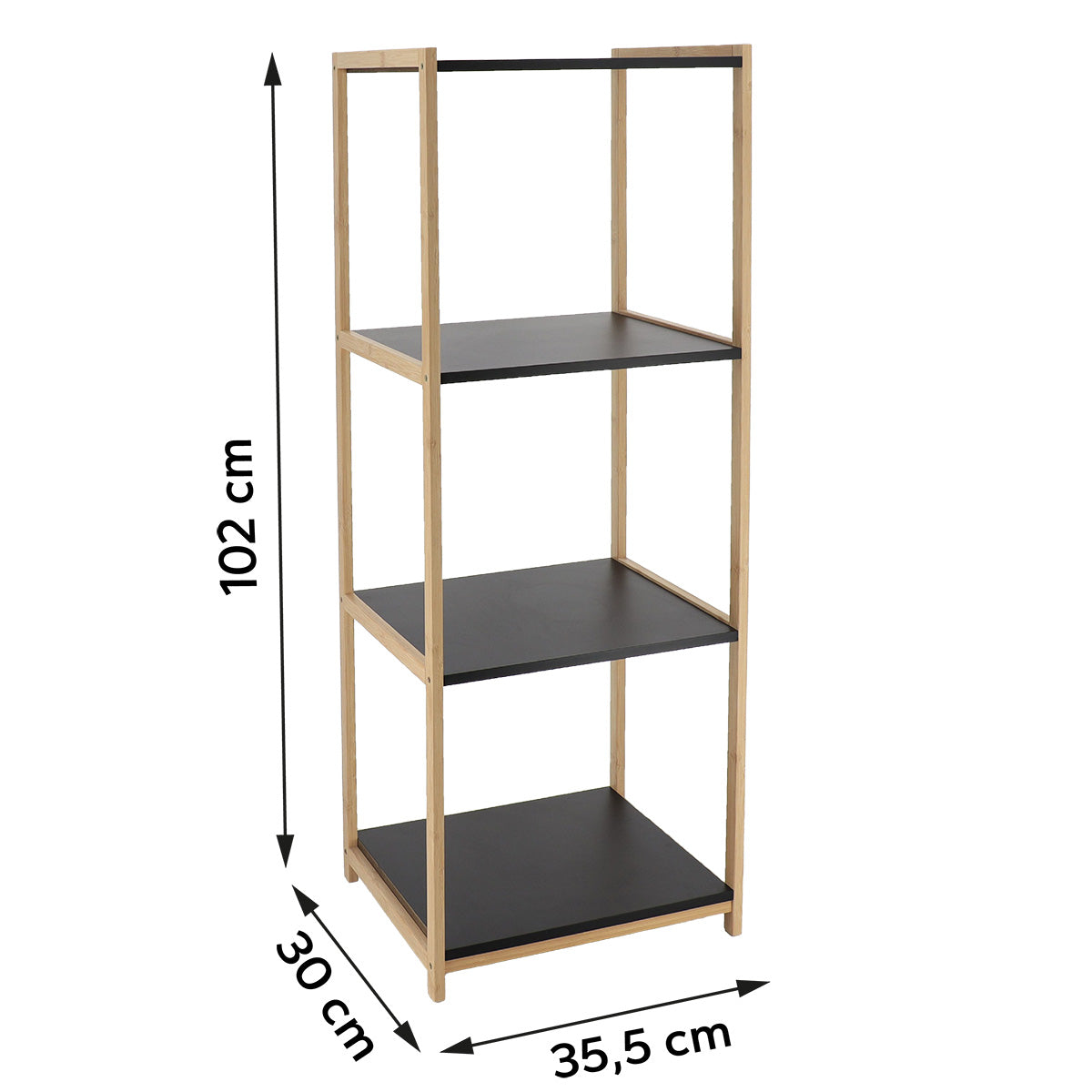 Måltegning af bambusreol med fire hylder i MDF: højde 102 cm, bredde 35,5 cm, dybde 30 cm