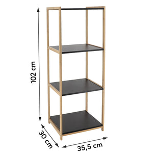 Måltegning af bambusreol med fire hylder i MDF: højde 102 cm, bredde 35,5 cm, dybde 30 cm