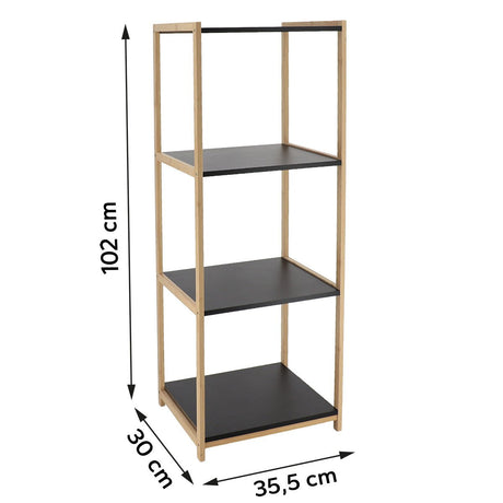 Måltegning av bambusreol med fire hyller i MDF: høyde 102 cm, bredde 35,5 cm, dybde 30 cm