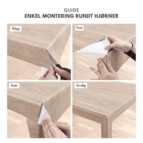 Monteringsguide for Blond Oak kontaktplast rundt hjørner i fire steg: klipp, fest, kutt, ferdig