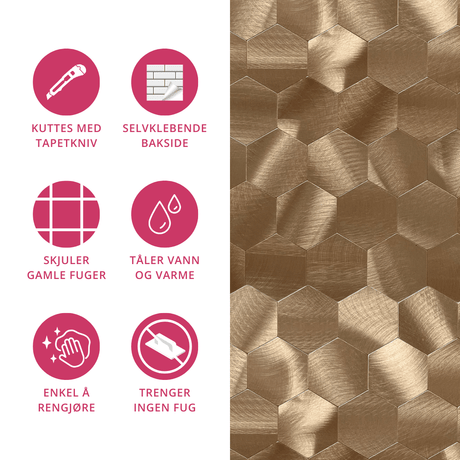 Sekskantede kobberfliser med børstet finish for moderne kjøkken og bad