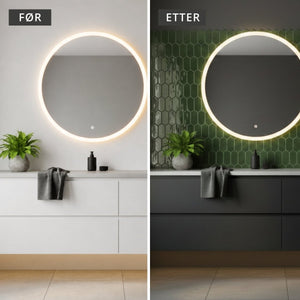 Før og etter bad med grønne selvklebende hexagon fliser som gir moderne og oppgradert vegg bak speil