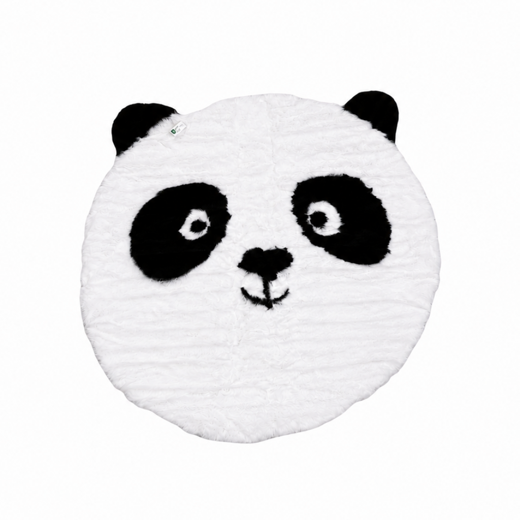 Rundt pandateppe i svart og hvitt med pandaansikt og utstikkende ører, mykt barneteppe i polyester med 100 cm diameter.