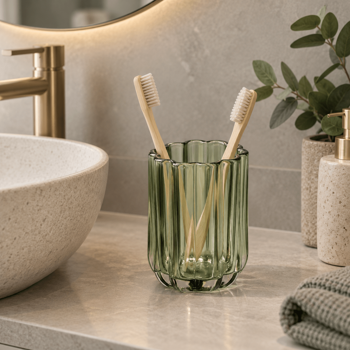 Tannbørsteholder Florea grønt glass 11 cm