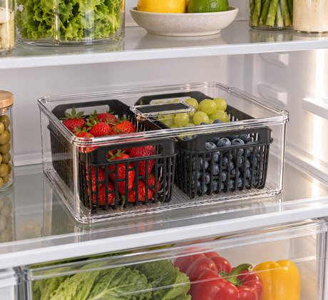 Kjøleskapsboks Tidy Fridge med 2 kurver, grå