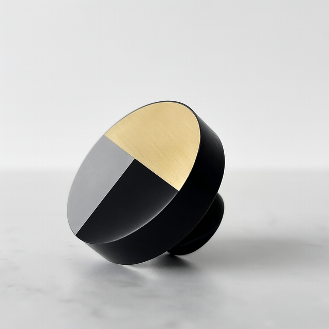 Dekorativ knott i svart, hvit og gull på rustikk trebakgrunn – perfekt til skuffer og skap.