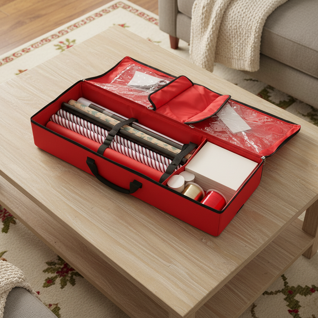 Oppbevaring til gavepapir sort/rød