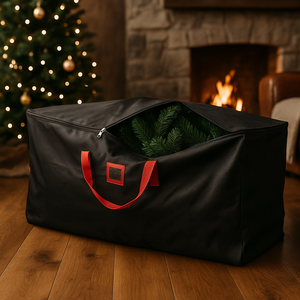 Ryddig oppbevaringsløsning for juletre, plassert blant pappesker under trebjelker på loftet.