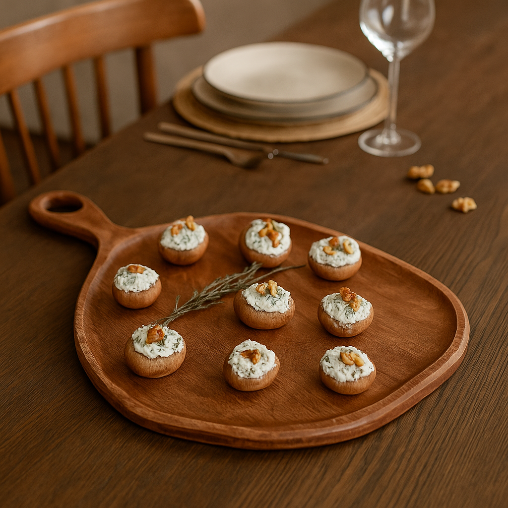 Goa serveringsbrett i mangotre plassert på nøytralt underlag, viser trestruktur og form med håndtak.