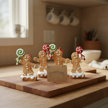 Pepperkakemann kortholder med glasurbase og rød slikkepinne