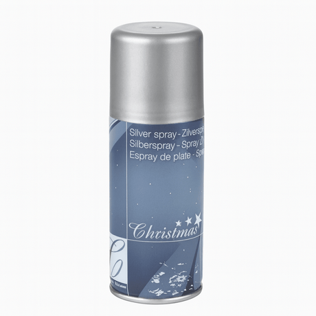 En flaska med dekorativ silverspray 150 ml som står på vit bakgrund.